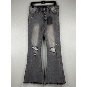 Risen Women 31/13 Gray Jeans Distressed Flared Button Front Mid Rise NWT
